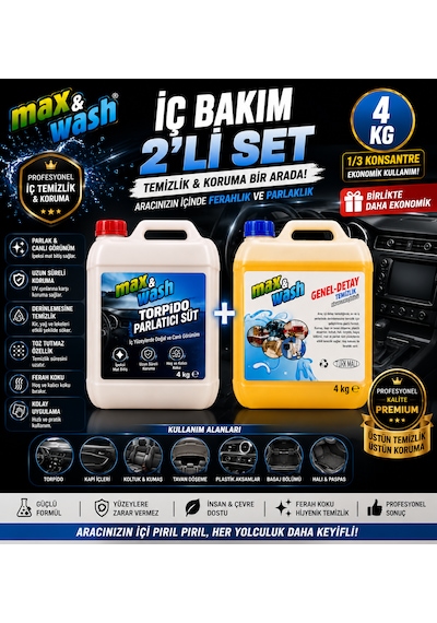 Max&wash 2'li İç Bakım Seti 4+4 Kg Torpido Parlatıcı Süt + Genel Detay Temizleyici Profesyonel Araç İçi Temizlik Ve Koruma Seti 0