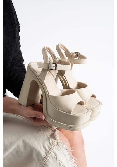 Dabab Shoes Varena Kadın Bej Platform Taban 13 Cm Kalın Topuklu Bilekten Bantlı Sandalet