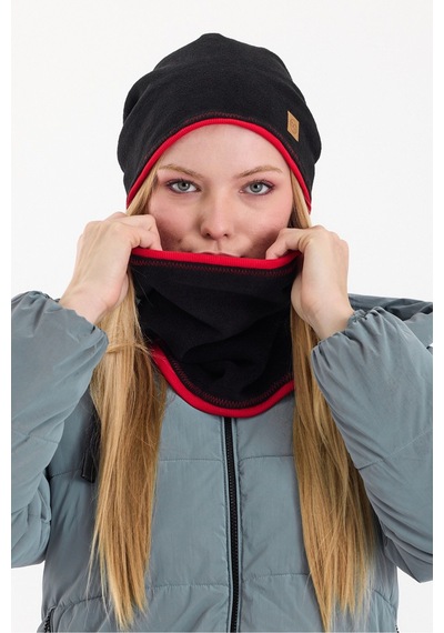 Butikgiz Kadın Dış Kısım Polar, İç Kısım Kaşkorse Pamuklu, Çift Renk, Çift Kat, Katlanabilir Bere Boyunluk Set Siyah-kırmızı