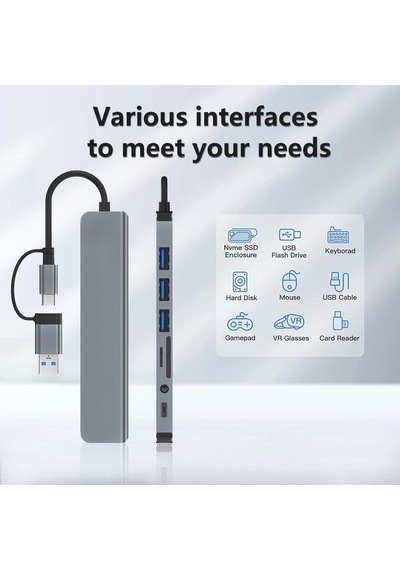 Mt96 Otg Kablolu Çoklayıcı Type-c Usb Girişli 8in1 Adaptör Hub Çoğaltıcı Kart Okuyucu Aux