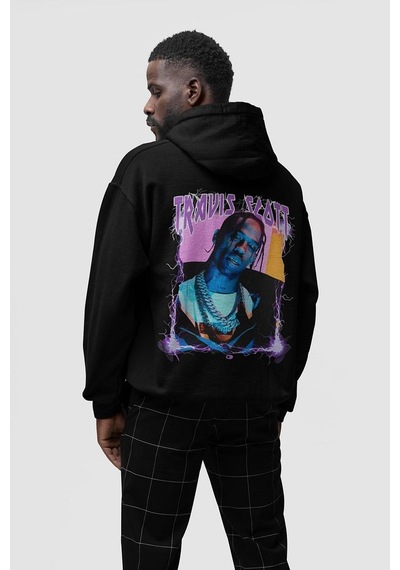 Sevbano Travis Scott Baskılı Unisex Oversize Rapper Şarkıcı Hoodie Siyah
