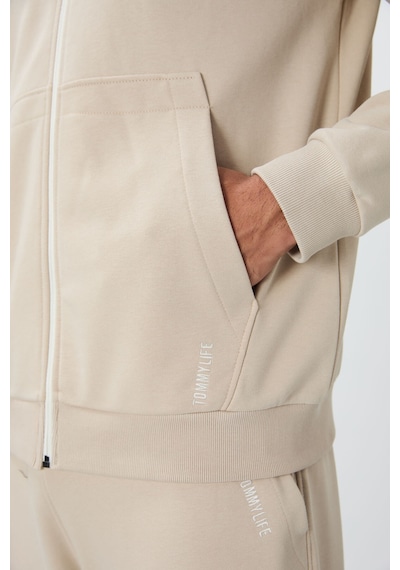 Tommy Life Bej Kompakt Pamuklu Kalın Pürüzsüz Dokulu Kapüşonlu Comfort Fit Erkek Eşofman Takım - 85262 Bej