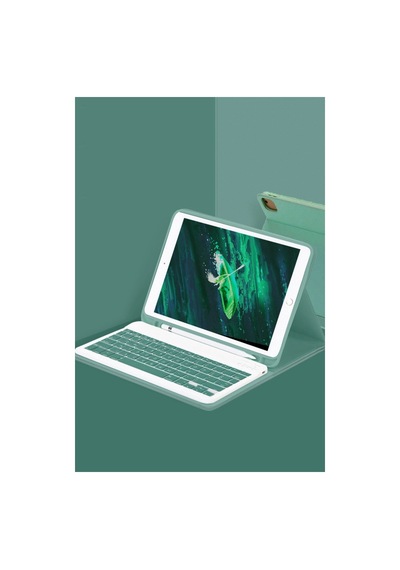 Apple İpad Pro 11 2024 Kılıf Kc01 Smart Klavyeli Tablet Kılıfı - Koyu Yeşil Arka Kapak