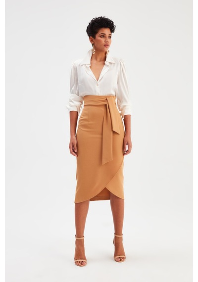 Sateen Kuşaklı Kalem Etek - Camel-131974 Camel