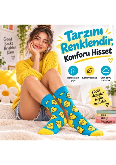 S'82 Renkli Civciv Desenli Unisex Çorap 3'lü Set Yumuşak, Esnek, Konforlu Ve Günlük Kullanıma Uygun sari