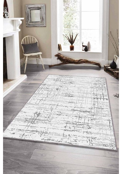 Gri Vintage Kaymaz Tabanlı Makinede Yıkanabilir Halı Es01n11