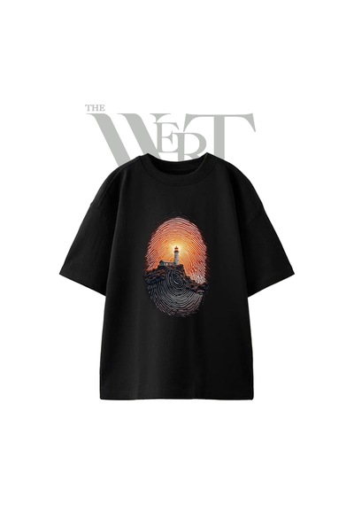 Thewert Deniz Feneri Parmak Izi Tasarım Baskılı Ünisex Siyah Oversize T-shirt