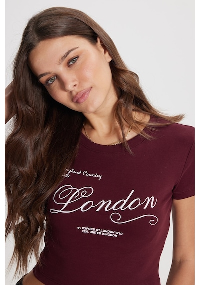 Tudors Kadın Slim Fit Dar Kesim %100 Pamuk Bisiklet Yaka Kısa Kollu Baskılı Bordo Crop Tişört-50533