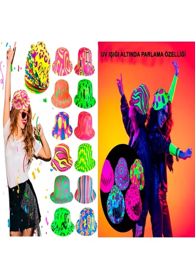 Mey İthalat Farklı Desenlerde Plastik Neon Uv Işık Parti Şapkası 1 Adet