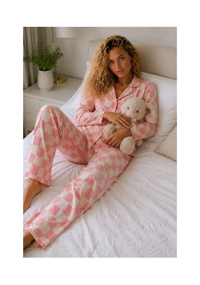 Fit Women Kadın Örme Gömlek Yaka Pembe Pijama Takımı