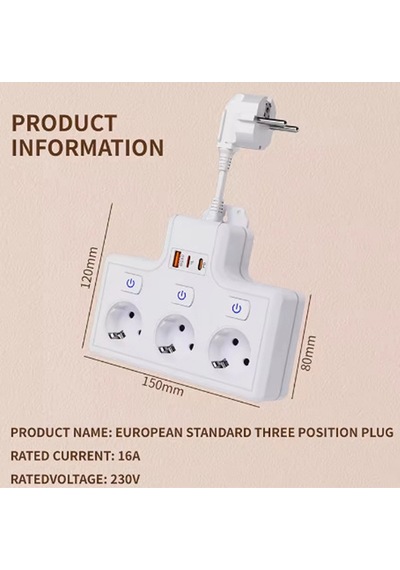 Termal Akım Korumalı 3 Lü Duvar Tipi Priz 1x Usb 2x Type-c Çıkışlı Grup Priz Çoğaltıcı 3500w 0