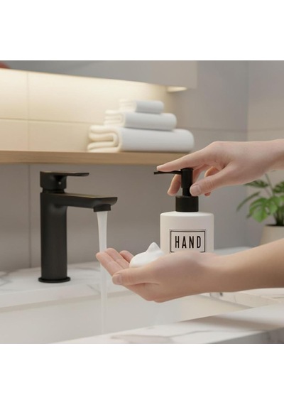 Beyaz Siyah Yazılı Cam Sıvı Sabunluk İkili Standlı Hand&dish Yazılı Beyaz