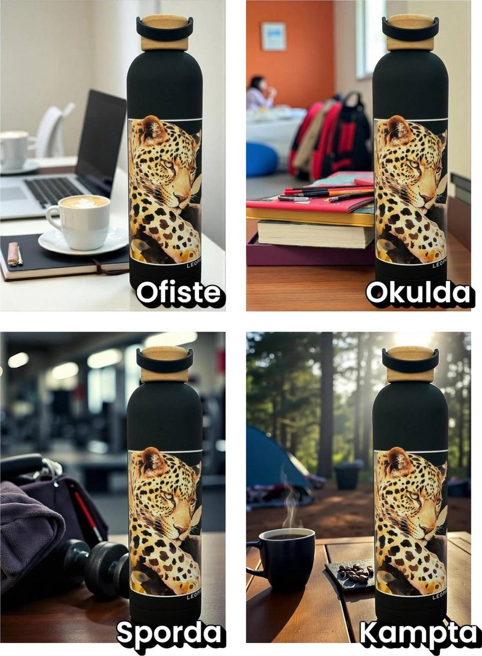 Bambu Kapaklı Siyah Renk Leopar Figürlü 1000 Ml Paslanmaz Çelik Termos Siyah