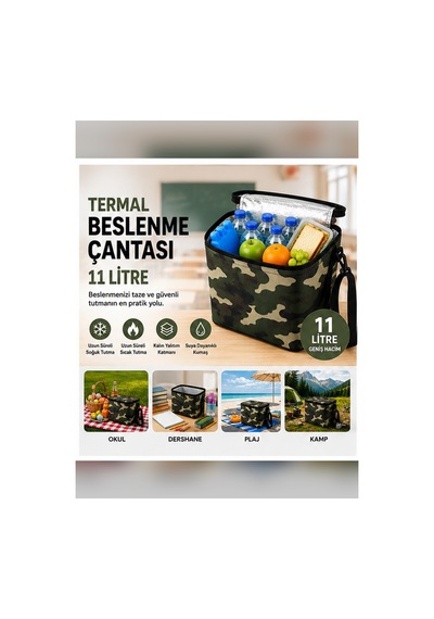 11 Litre Termal Beslenme Çantası Isı Yalıtımlı Sıcak Soğuk Tutucu Termos Yemek Taşıma Okul Piknik Kamp Çantası-kamuflaj .
