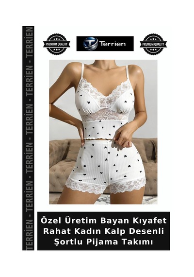 Terrien Özel Üretim Bayan Kıyafet Rahat Kadın Kalp Desenli Şortlu Pijama Takımı Beyaz