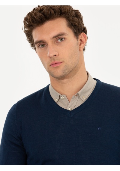 Cacharel Lacivert Slim Fit V Yaka Basic Triko Kazak