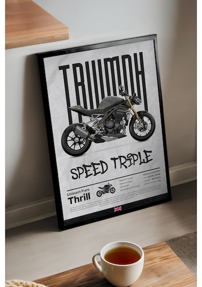 Triump Speed Triple Siyah Ahşap Çerçeveli Poster, Dekoratif Motosiklet Duvar Tablosu