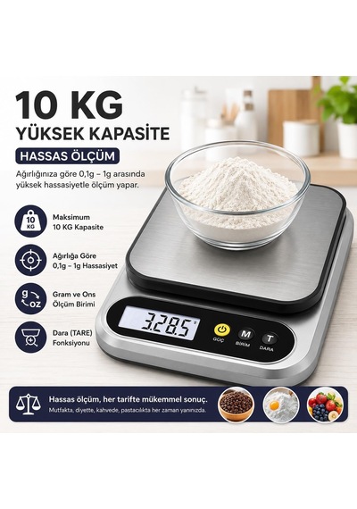 10 Kg Dijital Hassas Mutfak Tartısı - Lcd Ekranlı, Paslanmaz Çelik Tartım Yüzeyi, Dara Tare Fonksiyonlu, Gram & Ons Ölçüm Çok Renkli