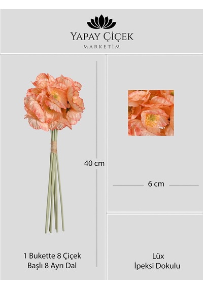 Turuncu Yapay Gelincik Çiçeği Buketi 8 Dallı Lüx İpeksi Dokulu 40 Cm