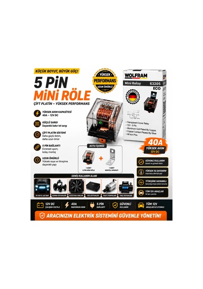 12v 40a 5 Pin Mini Röle Çift Platin Sargılı Şeffaf Gövde Yüksek Performans Oto Röle 1 Adet