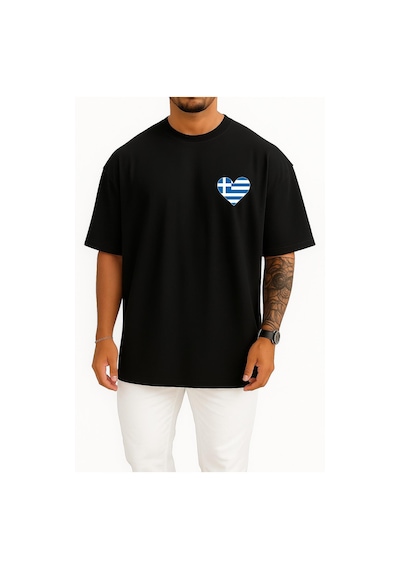 Bahriyeli Collection Oversize Flag Of Greece Graphy, Greece Cep Ve Sırt Tasarımlı Unisex T-shirt SIYAH