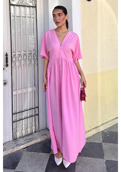 Madmext Pembe V Yaka Düğmeli Elbise Mg2339 Pembe
