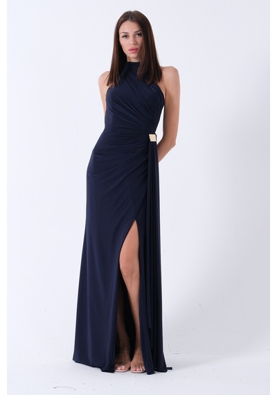 Feminist Lacivert Halter Yaka Drapeli Beli Gold Toka Detaylı Straplez Abiye 9705862