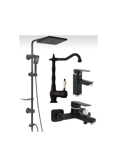 Eskaya 4 Lü Siyah Set Duş Robot - Banyo Bataryası - Mutfak Bataryası - Lavabo Bataryası Siyah
