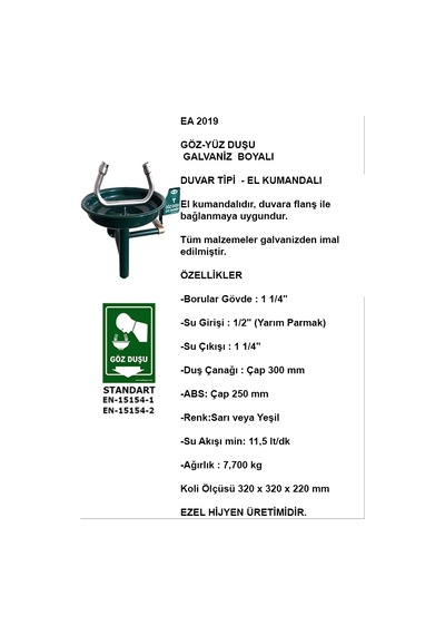 Göz Yıkama Duşu Galvaniz Boyalı Duvar Tipi