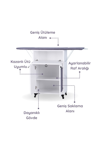 Rose Katlanır Dolaplı Ütü Masası / Ütü Dolabı Beyaz Gövde, Antr