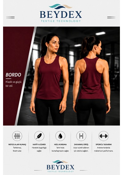 Beydex Bisiklet Yaka Sıfır Kollu Standart Kalıp Kadın Spor Atlet Bordo