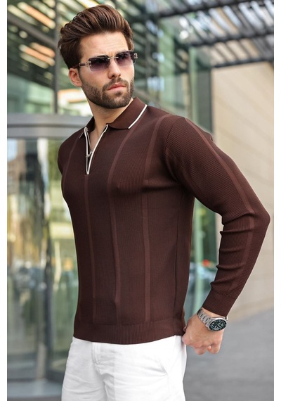 Madmext Kahverengi Polo Yaka Yarım Fermuarlı Fitilli Erkek Triko Kazak E7515