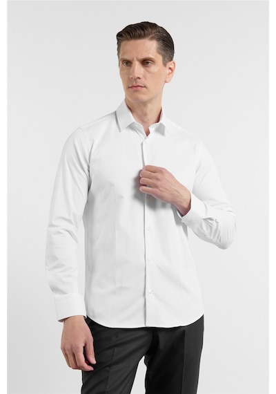 İmza Beyaz Sert Yaka Uzun Kol Cepsiz Slim Fit Pamuklu Gömlek 1004255228
