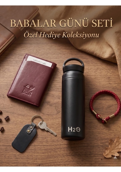 Deerderi Hakiki Deri El İşçiliği Mekanizmalı Cüzdan Termos Bileklik Anahtarlık Seti Babalar Günü Hediyesi Bordo