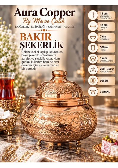 Aura Copper Kapaklı Bakır Şekerlik 3 Ayaklı El İşlemeli Lokumluk Bakır Renk Zımba