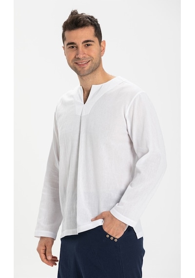 Uzun Kol Şile Bezi Bisiklet Yaka Erkek Tshirt Beyaz 3001