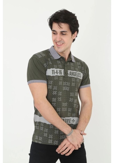 Erkek Polo Yaka Tişört Slim Fit Baskılı Kısa Kol T-shirt - Haki