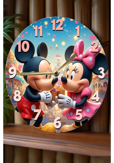 Kututr Mickey &amp Minnie Temalı Renkli Mdf Duvar Saati 3d Görünümlü Sessiz Mekanizmalı 2d Hd Baskı Sdw242,s