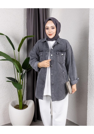 Hb Harma Time Butik Kadın Yıkamalı Cepli Denim Koyu Gri Ceket