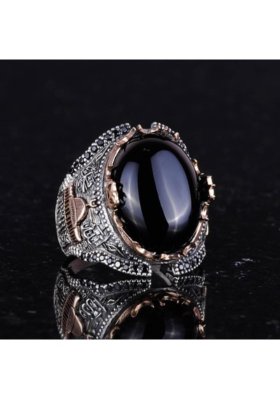 925 Ayar Gümüş Yüzük, İslami Cabochon Oniks Taşlı Erkek Yüzük Gümüş