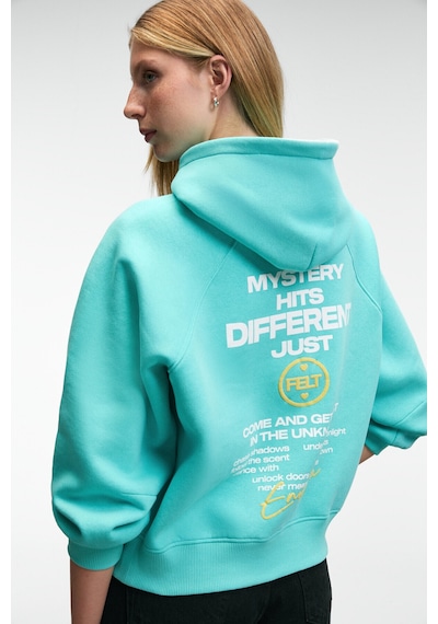 Grımelange ORINQUE Kadın Kapüşonlu Baskı ve Nakış Detaylı Oversize Turkuaz Sweatshirt