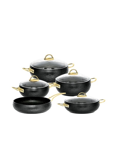 Espela - 3545 - 9 Parça - Bio Granit -tencere, Tava, Çeyiz Seti, Siyah Renk - Gold Detay Altın - Siyah