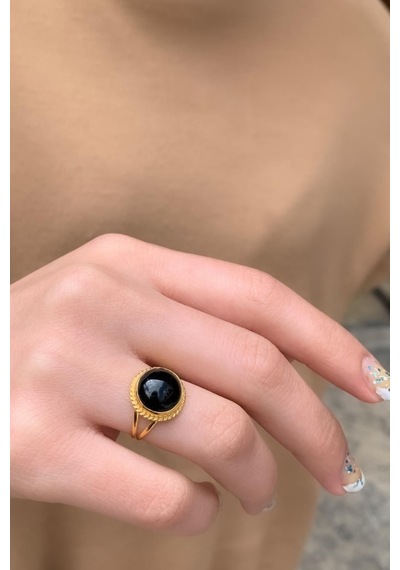 14 Ayar Altın Oval Onix Meftüllü Yüzük Sarı Altın