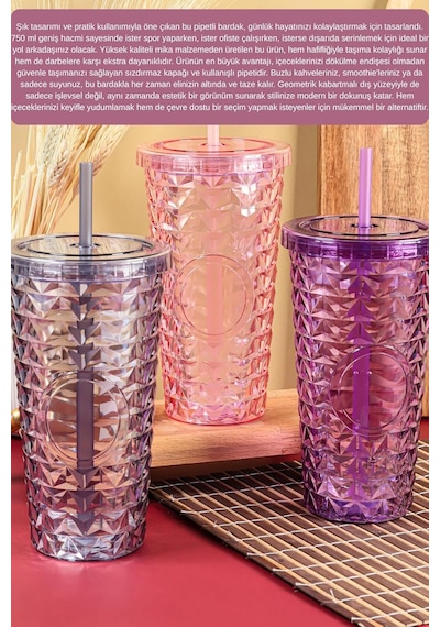 Pipetli Mika Bardak 750 Ml Kapaklı İçecek Bardağı, Can.7263.oea Diğer