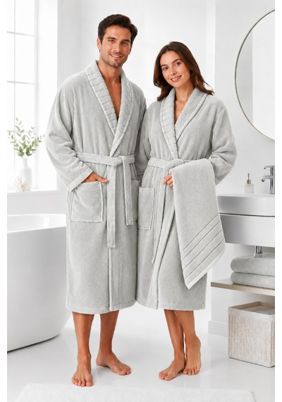 %100 Pamuk Bornoz Seti Unisex Yumuşak Dokulu Yüksek Su Emici Gri