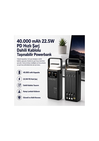 Hızlı Şarjlı Powerbank 40.000mah 22.5w Dahili Kablolu 2x Usb Outdoor Taşınabilir Işıklı Siyah - 890465018 Siyah