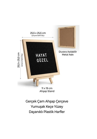 Ahşap Harfli Yazı Panosu 25,5x25,5 Cm Gerçek Cam Çerçeve, 340 Parça Harf Seti, Keçe Yüzey, Standlı Ve Duvar Genel