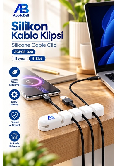 Apollobell Acp06-020 Ab 5 Yuvalı Bilgisayar Kablo Klipsi Ve Silikon Kablo Tutucu Düzenleyici.