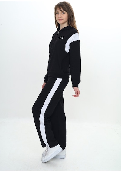 Toontoy Kids Toontoy Kız Çocuk 2'li Takım Baskılı Kapüşonlu Fermuarlı Cepli Sweatshirt & Beli Lastikli Paçası Ayarlanabilir Eşofman Altı - Garni Detaylı & 2 İplik Siyah