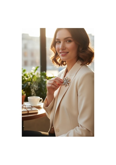 Kristal Taşlı Çiçek Motifli Broş Beyaz